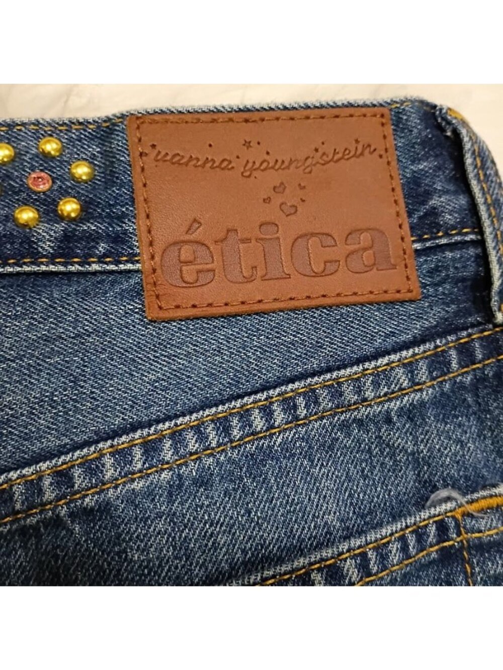Ética Womens Denim Mini Skirt Blue Size 24 Organic Cotton Studded Frayed Hem New - Picture 13 of 15